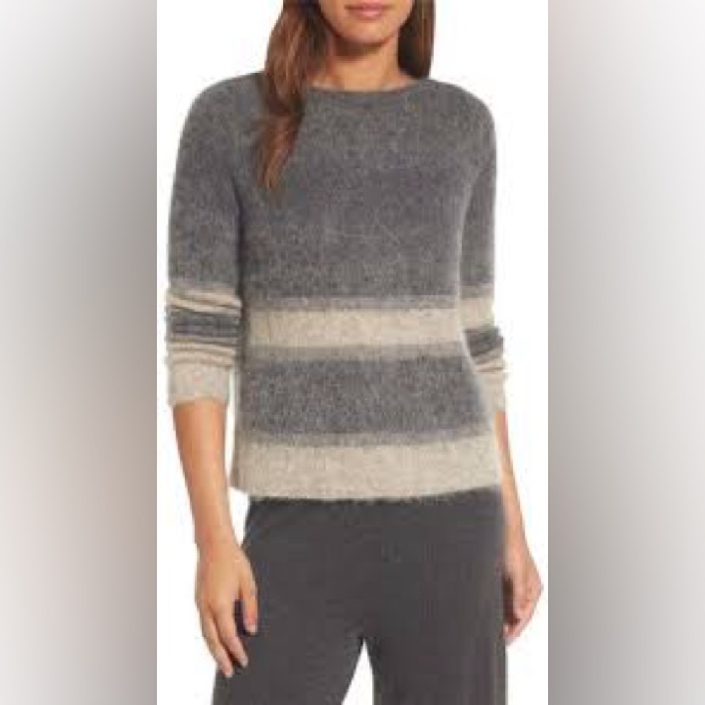 Eileen Fisher Sweater Alpaca Mohair Blend Boat Neck Stripe Gray Women